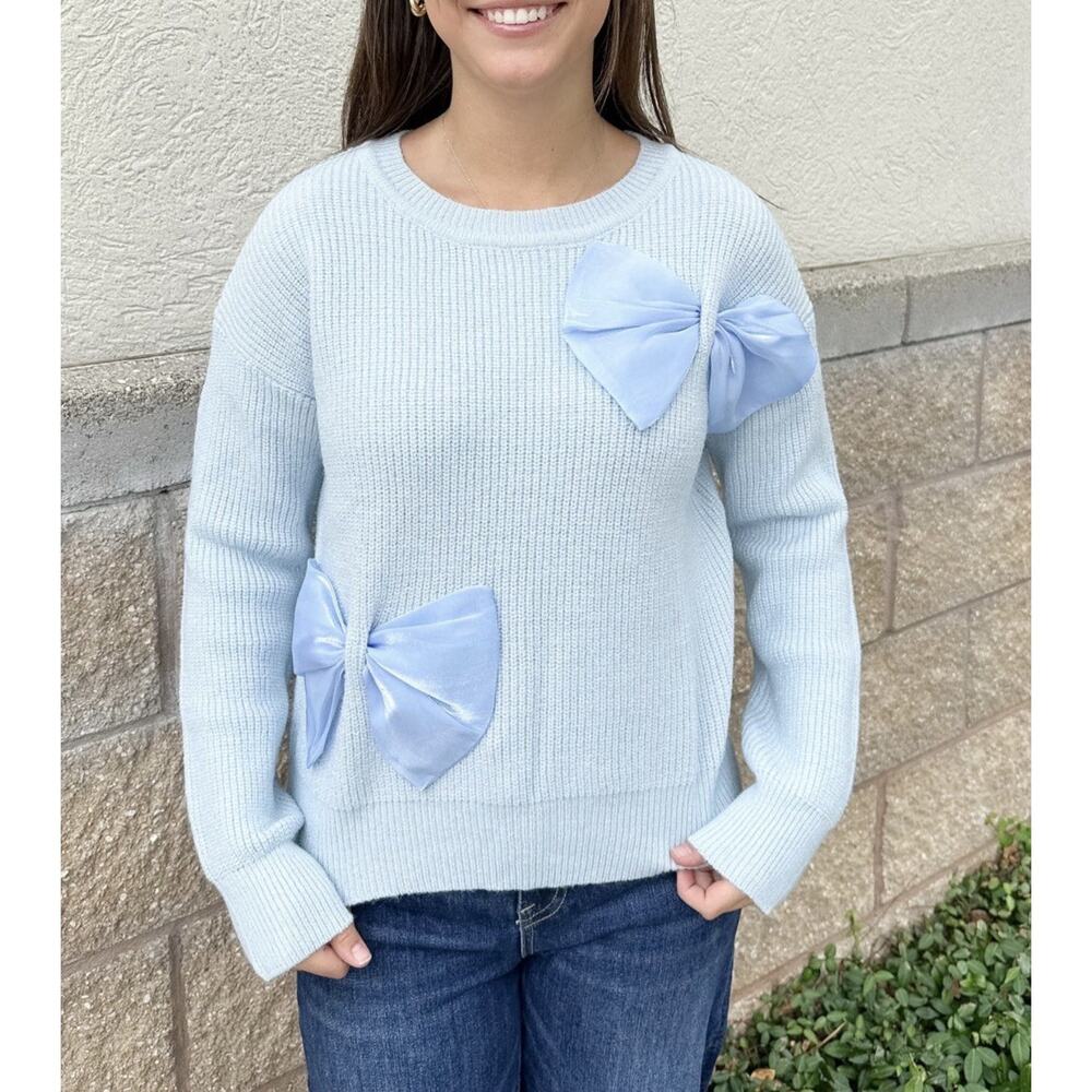 New Simply Southern Elliana Sweater Women’s Size L Large Light Blue Bows - Picture 2 of 7